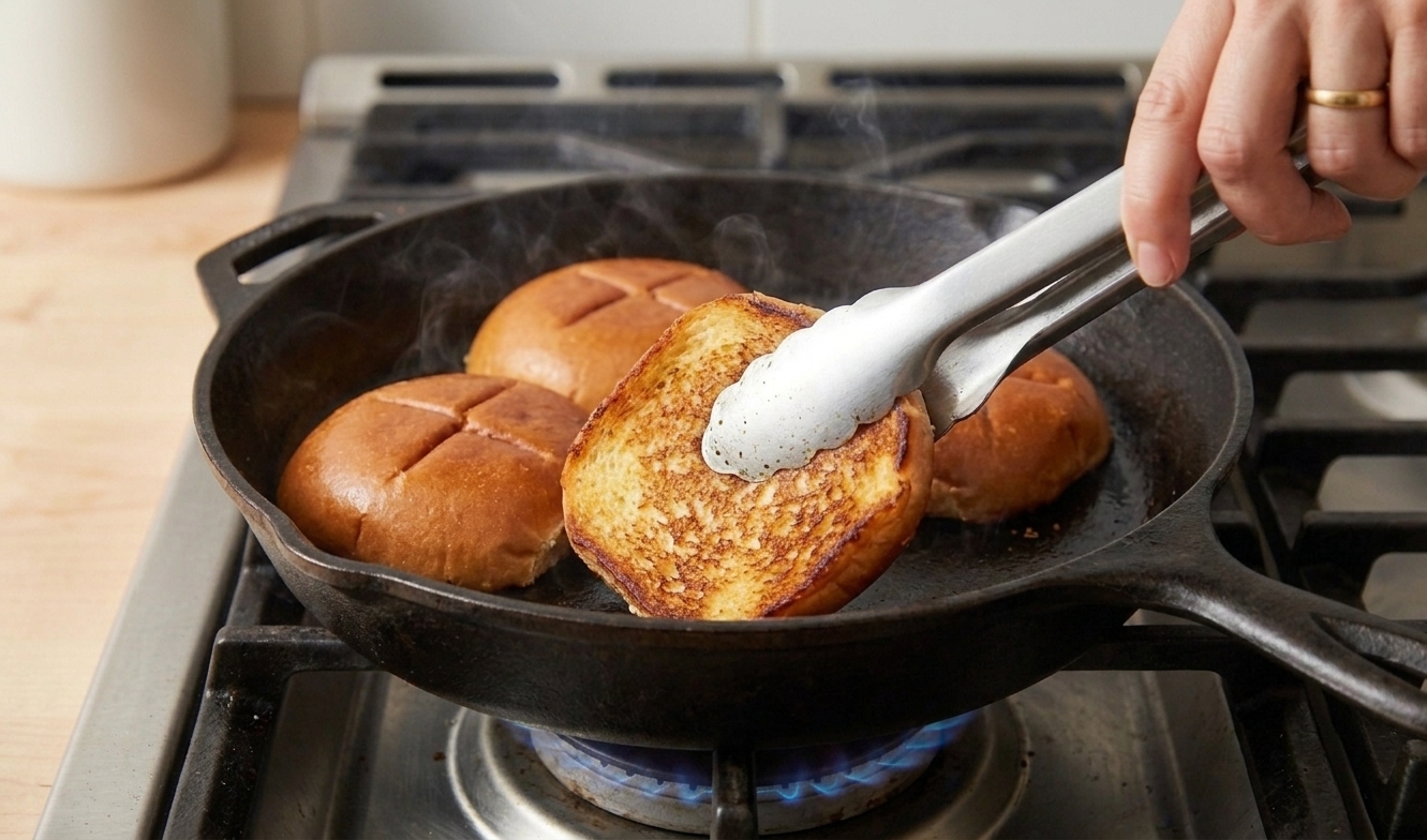 Split sandwich buns toasting cut side down in a skillet until golden brown on a stovetop