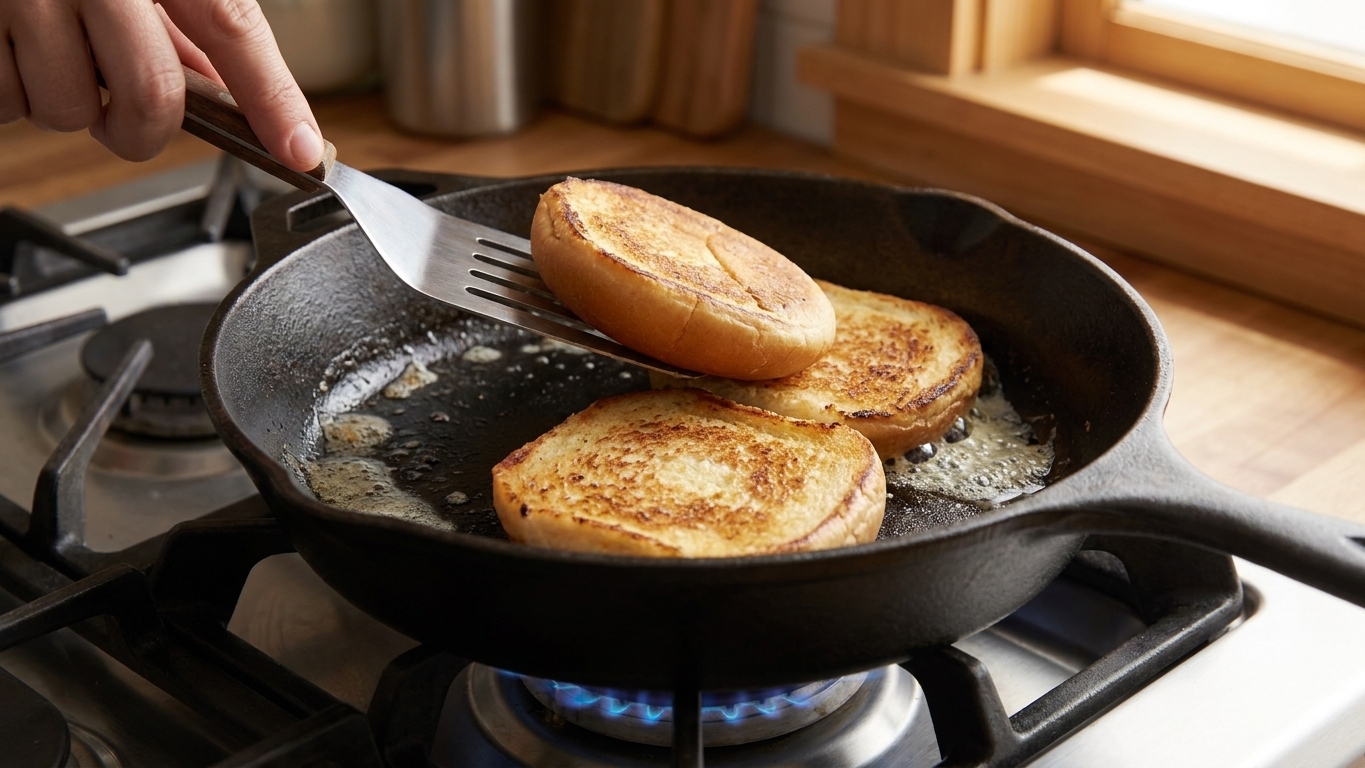 Split sandwich buns toasting cut-side down in a skillet on a home stove, warm kitchen lighting