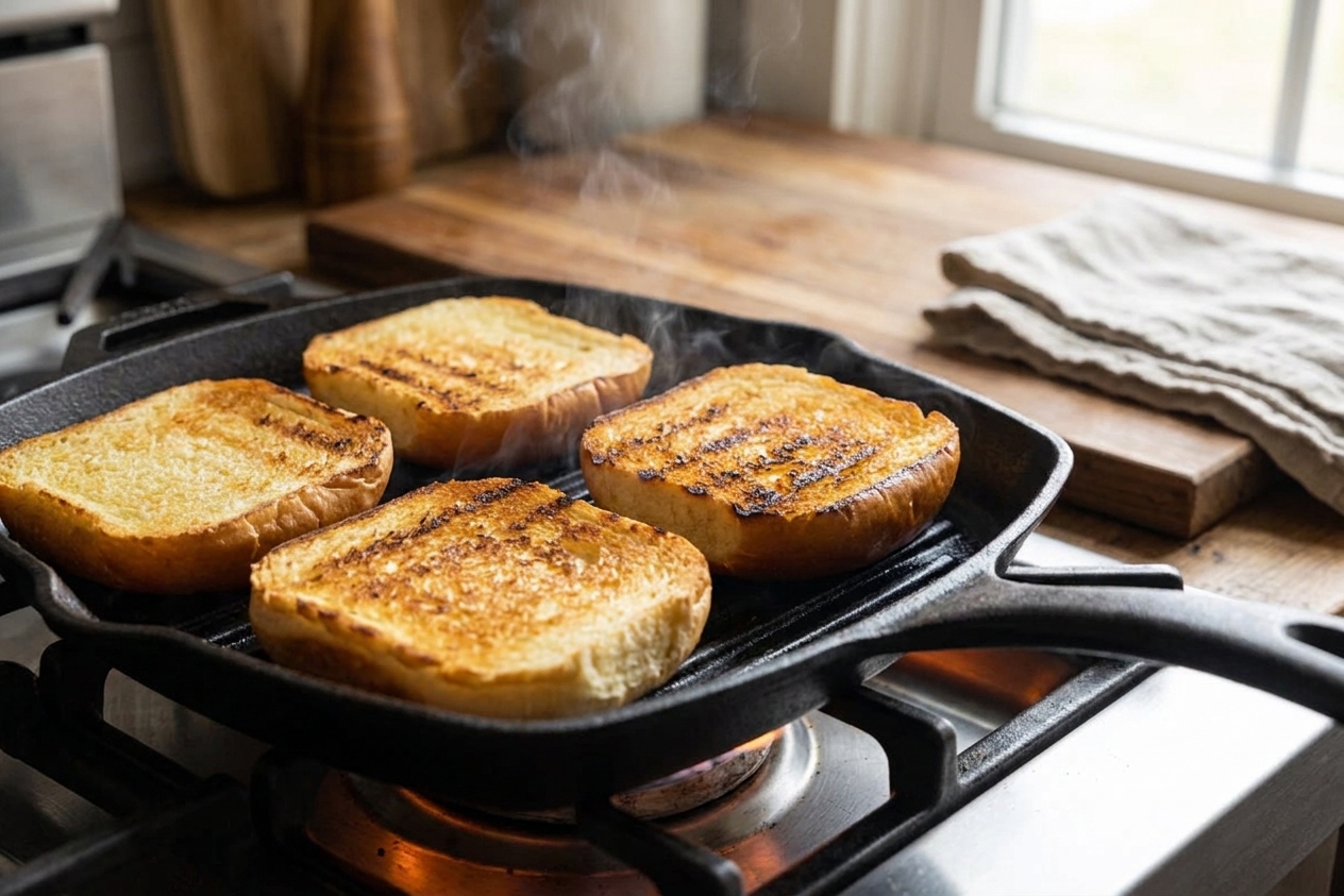 Split sandwich buns toasting cut-side down on a hot grill pan with light browning