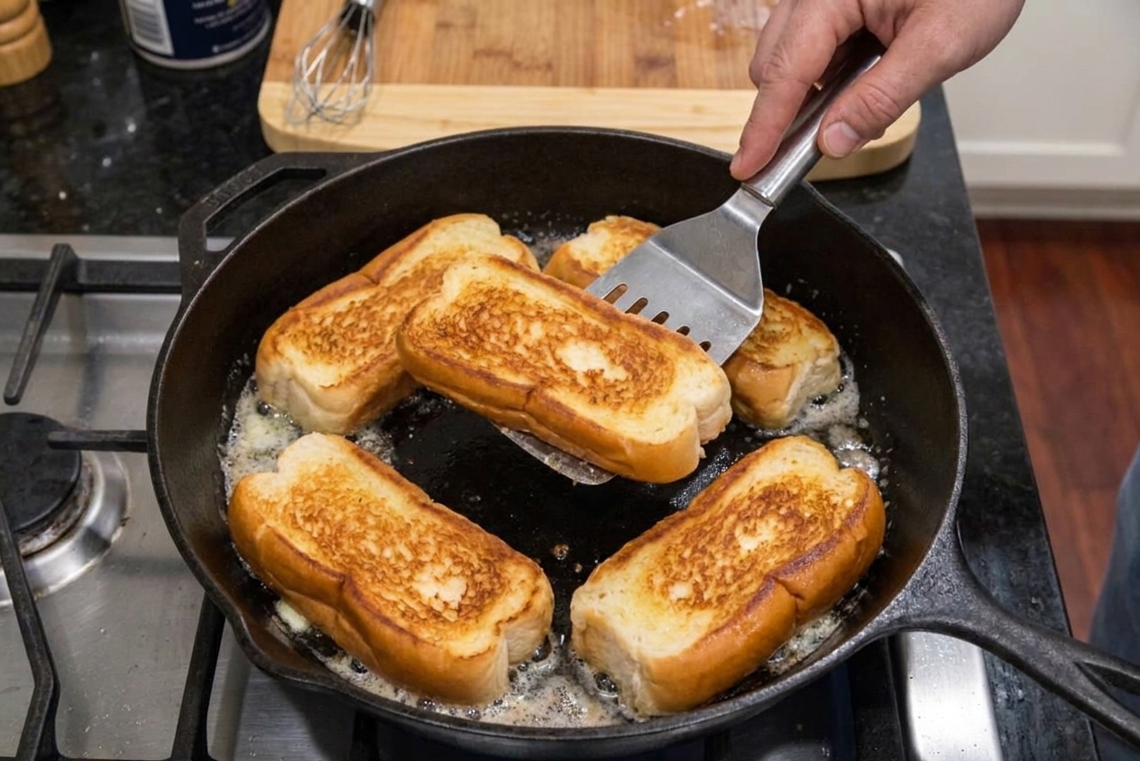 Split-top buns being toasted on their buttered sides in a skillet until golden brown