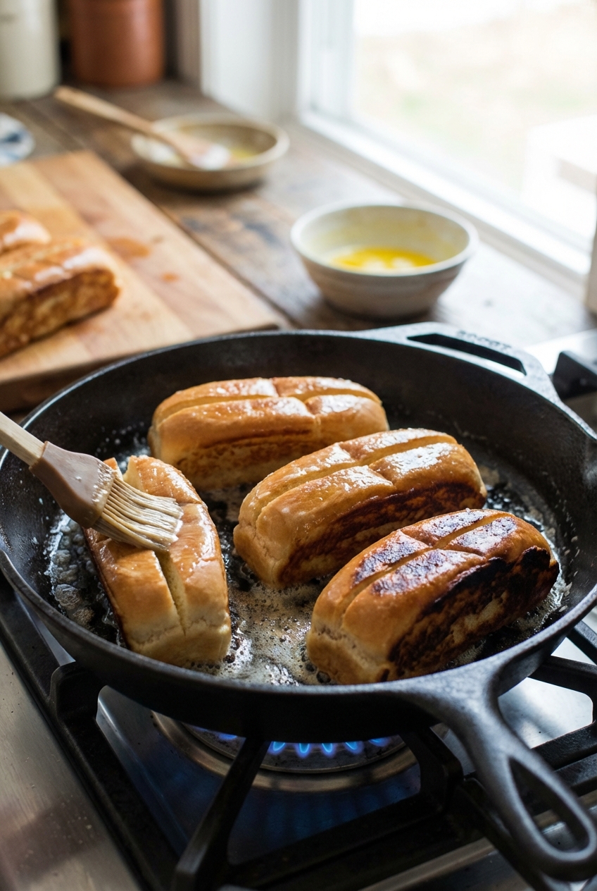 Split-top buns buttering and toasting in a skillet until golden brown