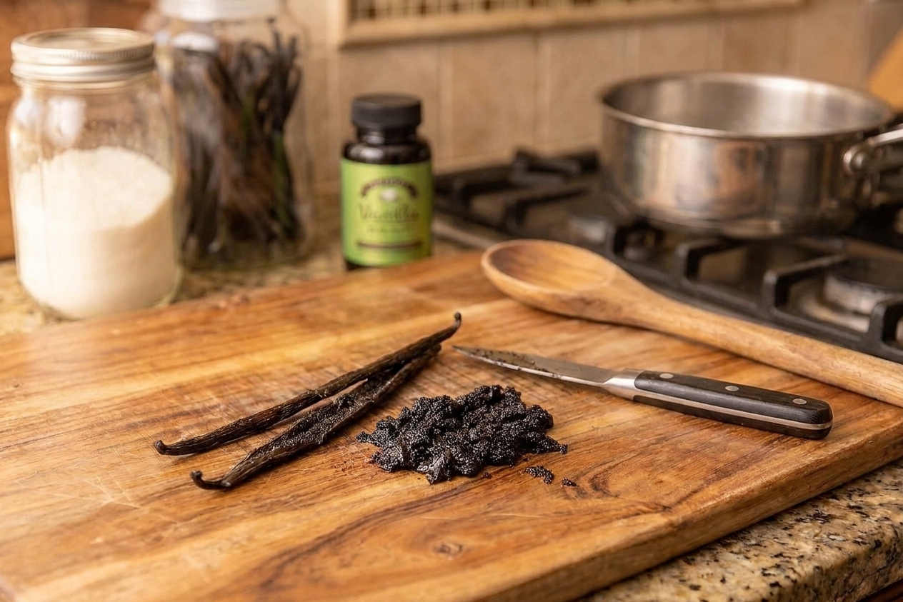 Split vanilla beans on a cutting board with the seeds scraped into a small pile beside them