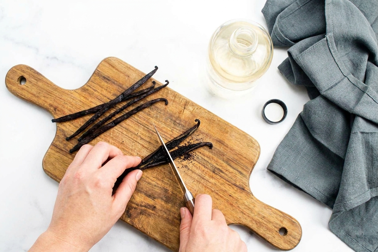 Split whole vanilla beans opened lengthwise on a wooden cutting board, ready to be added to a jar
