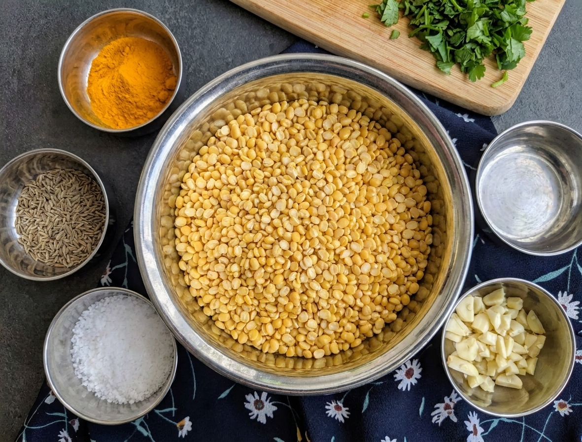 Split yellow moong dal in a bowl surrounded by small bowls of turmeric, cumin seeds, salt, and chopped garlic on a kitchen counter
