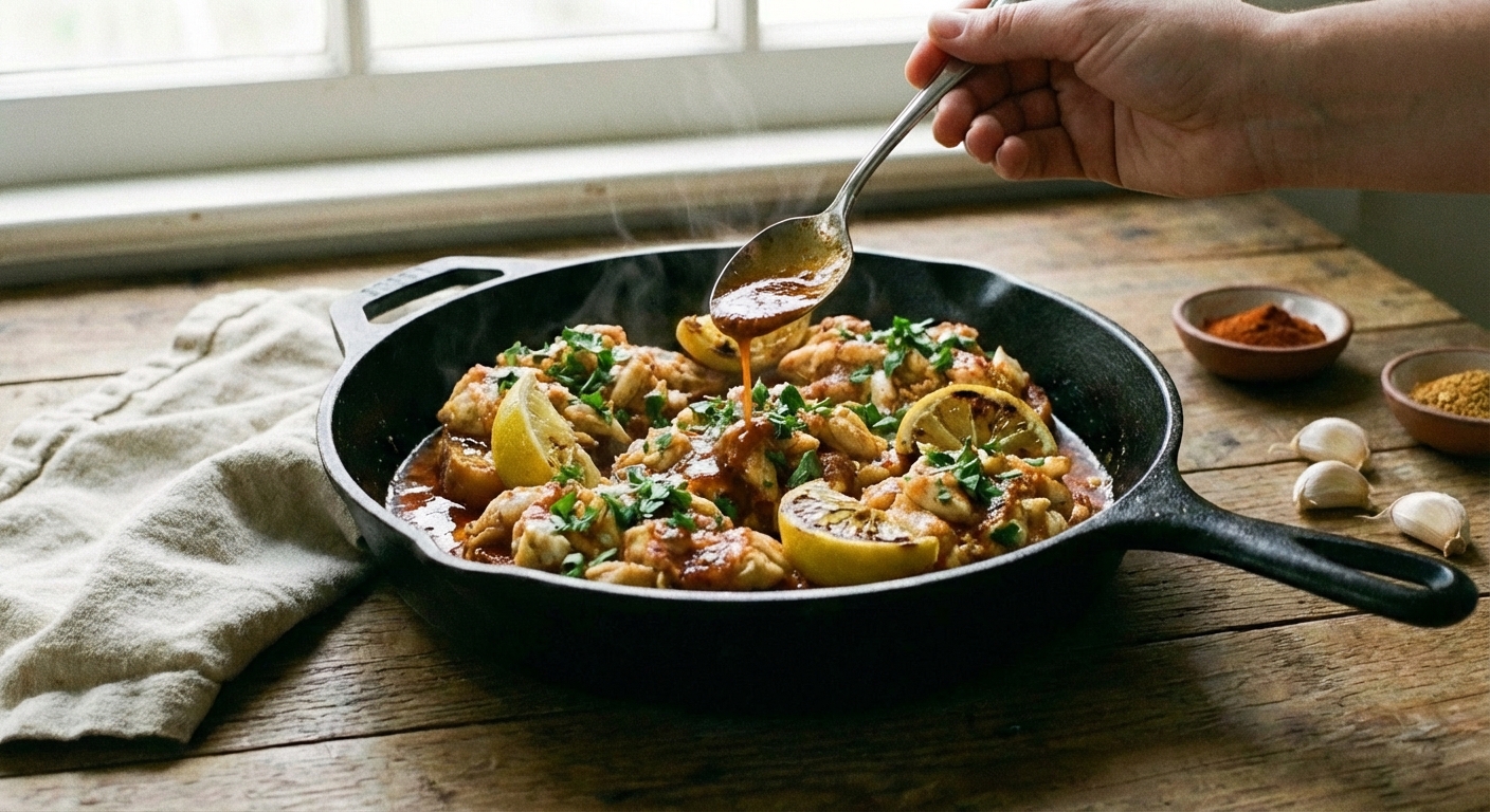 Spoon drizzling smoky red butter sauce over crab in a skillet with steam rising