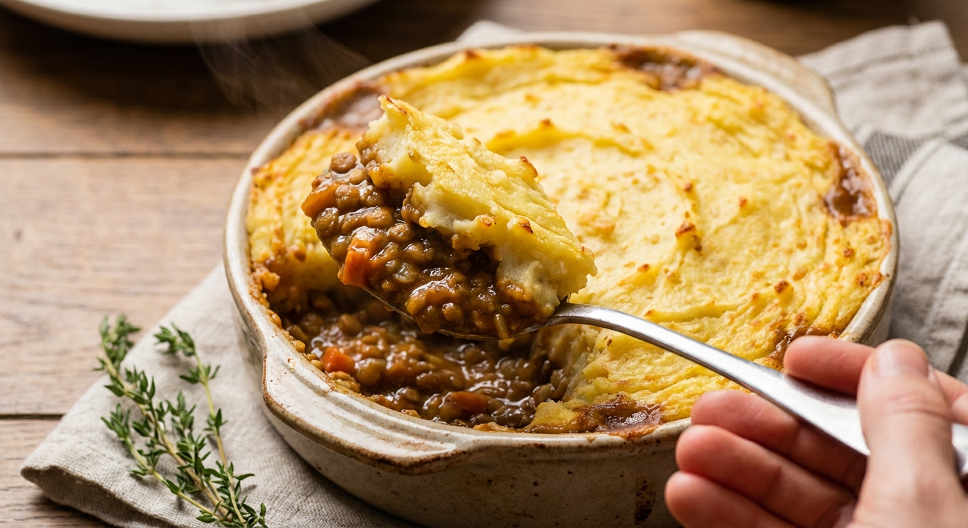 Spoon lifting a serving of vegan lentil shepherd’s pie, showing thick lentil gravy under the mashed potato topping