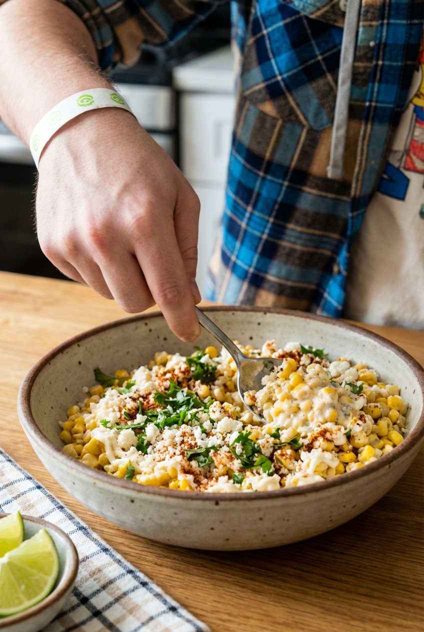 Spoon mixing creamy Mexican corn with cotija and cilantro in a bowl