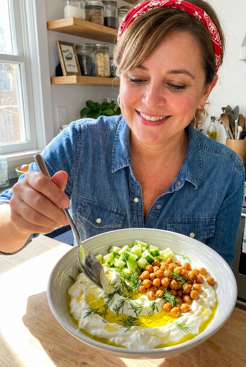 Spoon scooping a savory Greek yogurt bowl with cucumber, chickpeas, dill, and olive oil in a bright kitchen