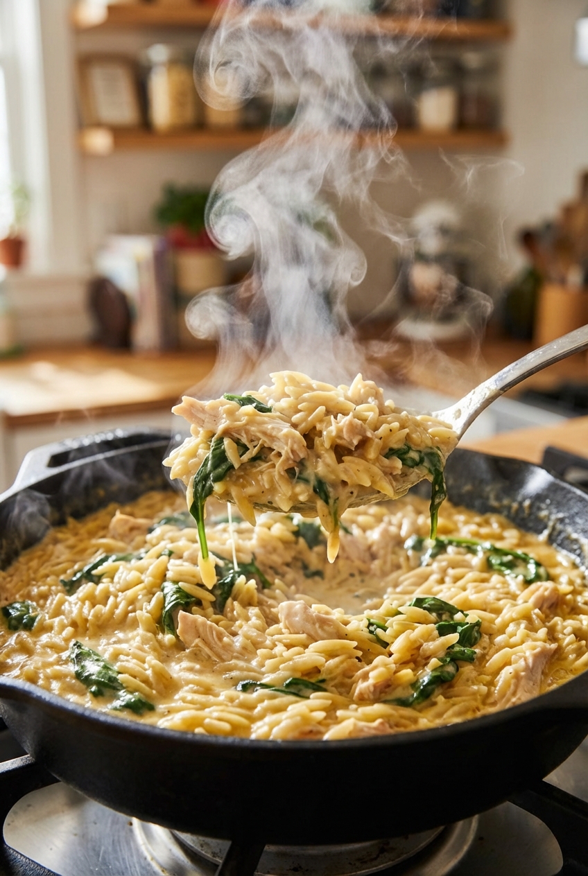 Spoon scooping creamy orzo with chicken and spinach from a skillet with steam rising