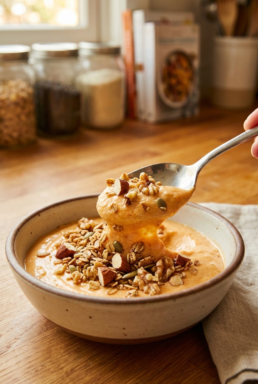 Spoon scooping creamy persimmon yogurt from a bowl with granola and nuts