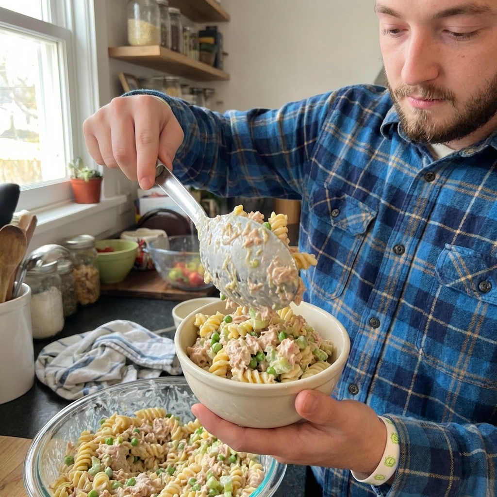 Spoon serving creamy tuna pasta salad into a small bowl