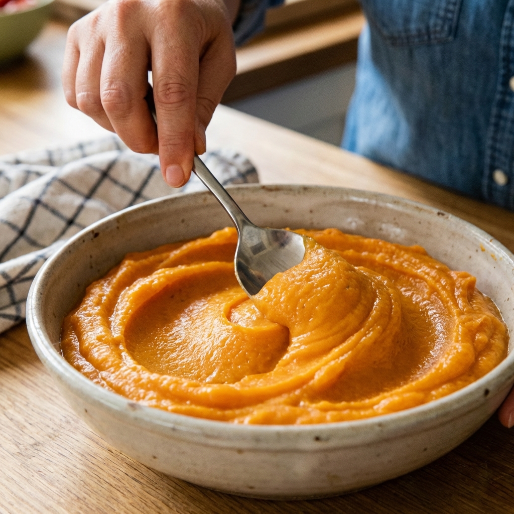 Spoon swirling creamy kumara mash in a bowl showing smooth texture