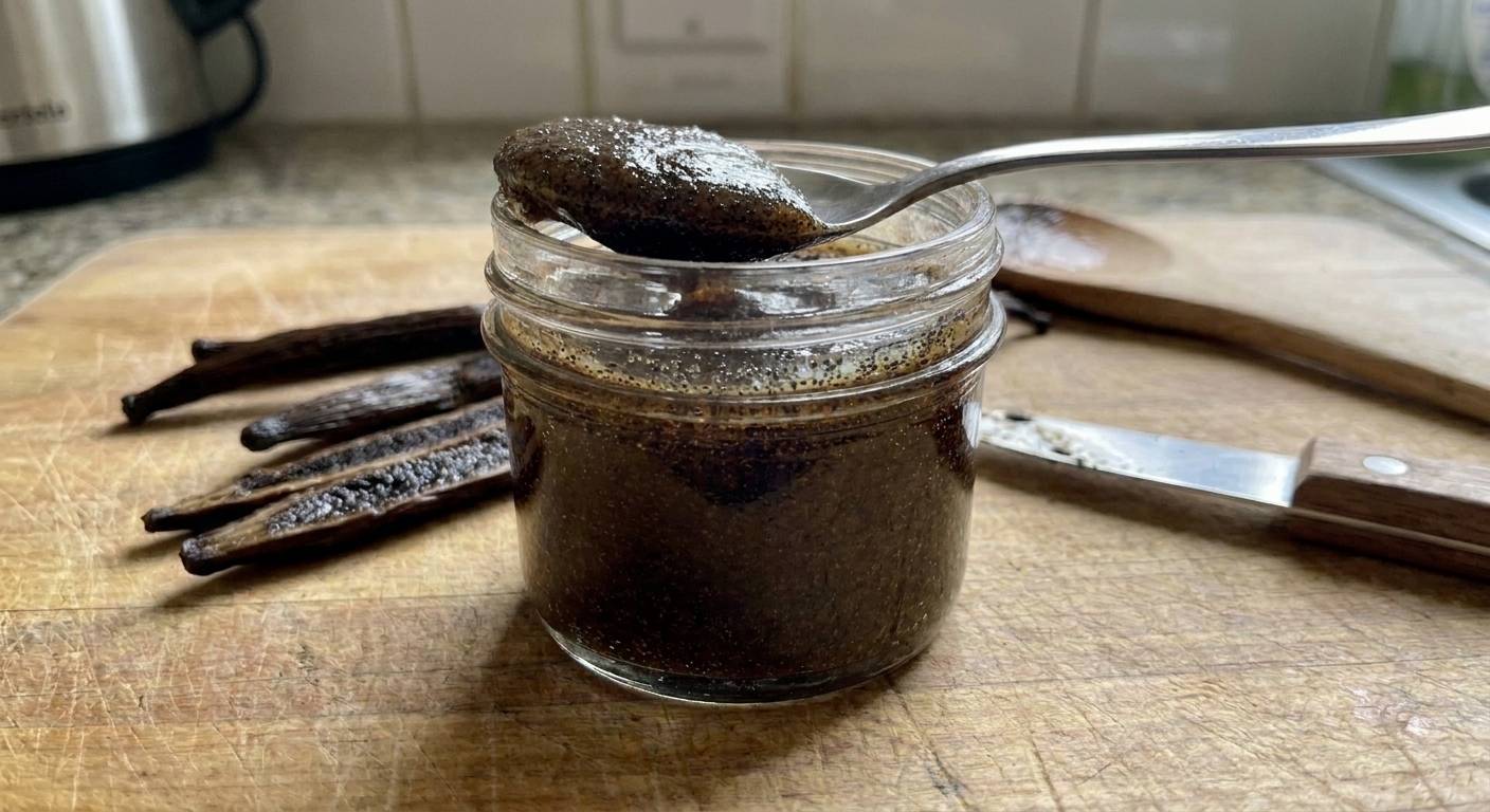 Spoonable vanilla bean paste in a small glass jar with visible vanilla specks