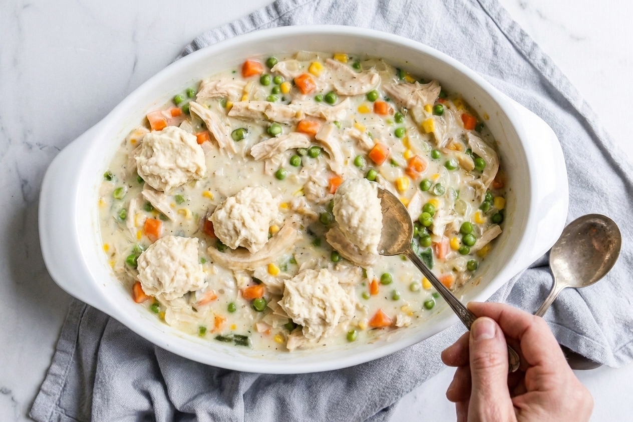 Spoonfuls of biscuit dough placed on top of hot chicken and vegetable filling in a baking dish