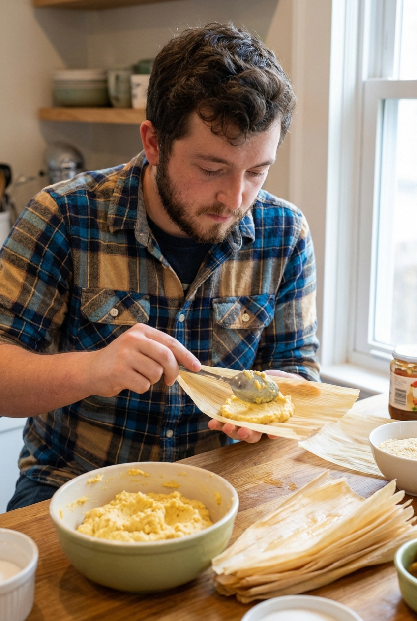 Spreading sweet masa onto a softened corn husk