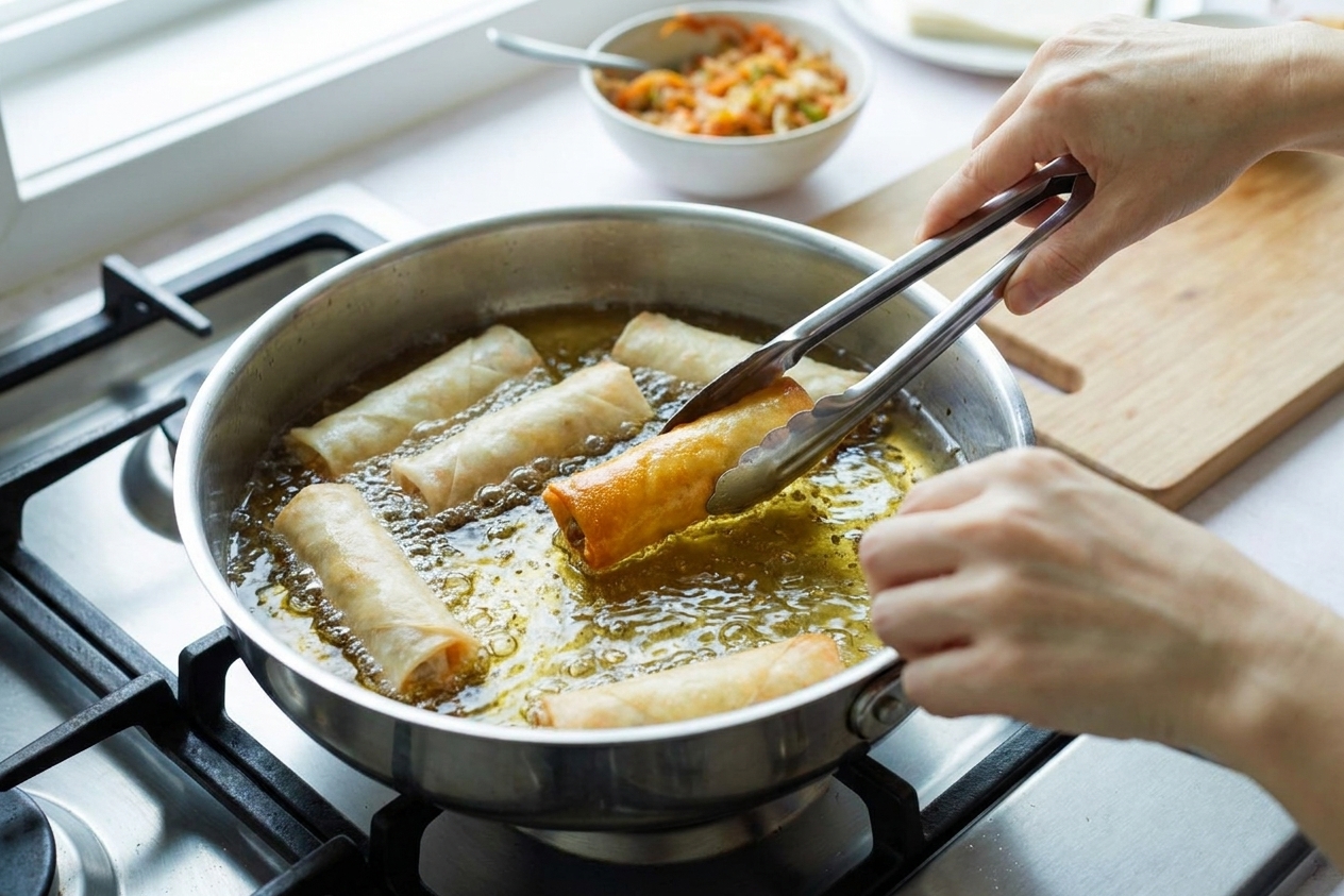 Spring rolls frying in bubbling oil in a deep skillet on a stovetop, with tongs turning a roll as it becomes golden