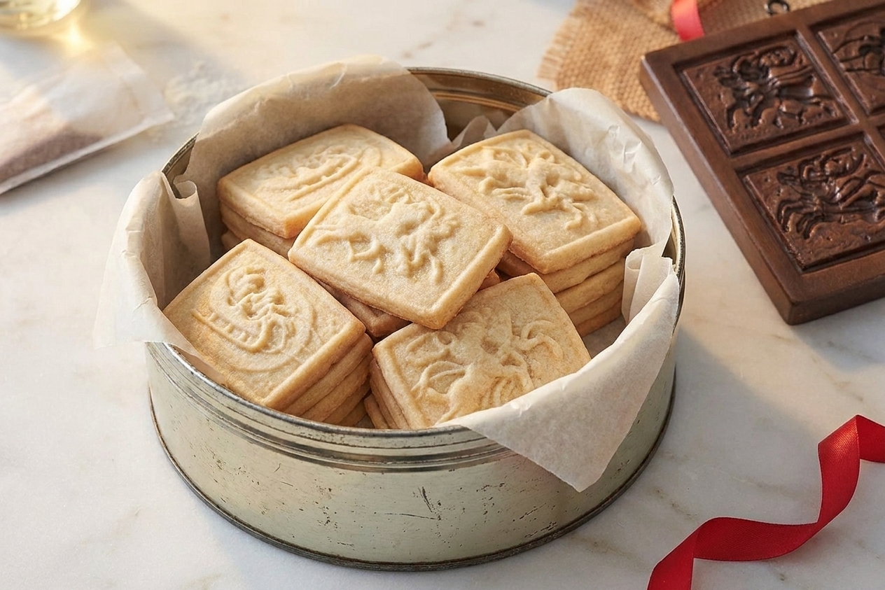 Springerle cookies stacked in a metal cookie tin lined with parchment paper on a kitchen table