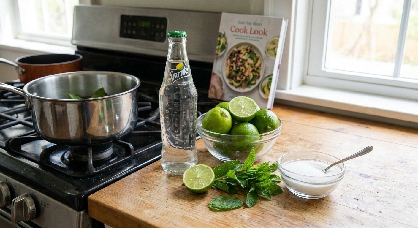 Sprite, fresh limes, sugar, and mint leaves arranged on a clean kitchen counter next to a small saucepan