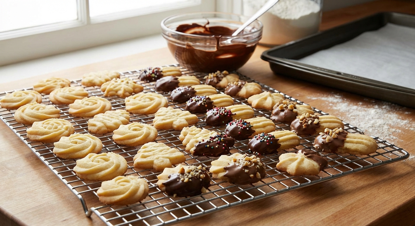 Spritz cookies cooling on a wire rack with a few dipped in chocolate
