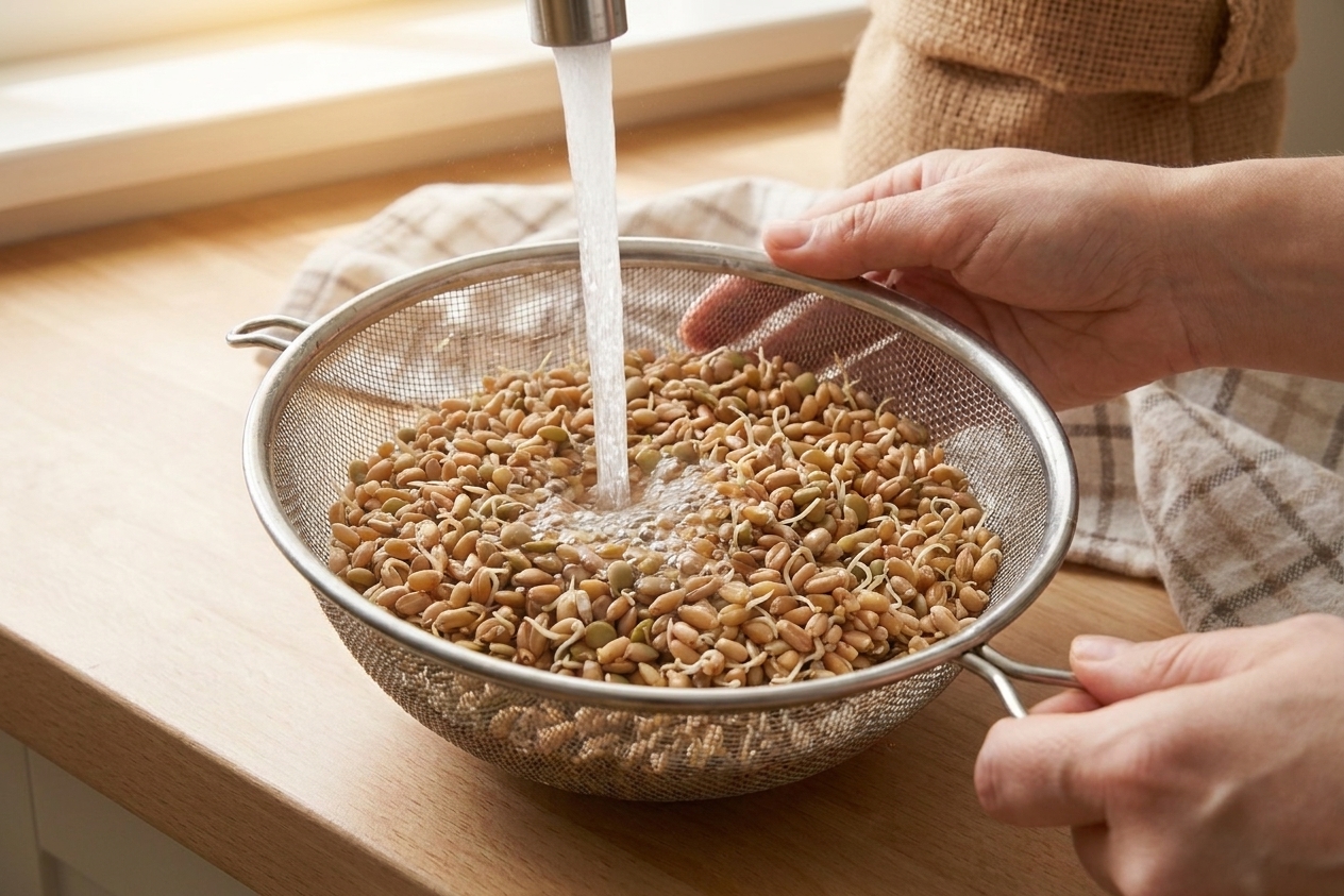 Sprouted grains being rinsed in a fine-mesh strainer with water running until the grains look clean and refreshed