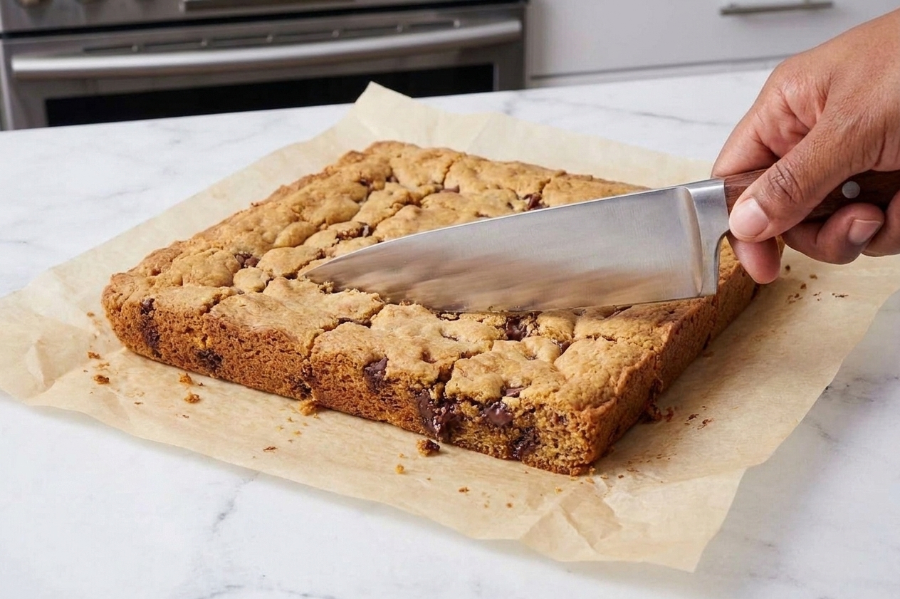 Square cake mix cookie bars cut on parchment paper with a chef's knife, showing chewy centers and golden edges