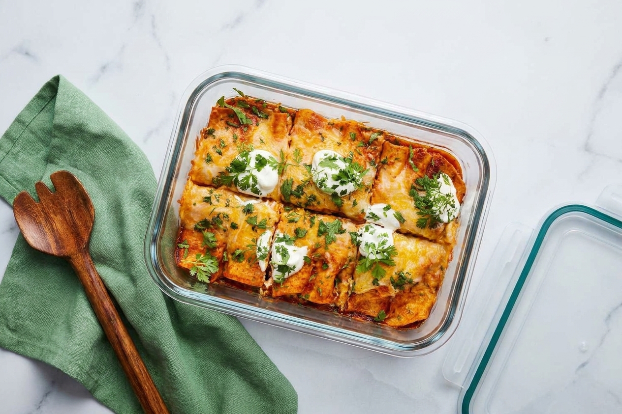 Square portions of chicken enchilada casserole stored in a clear airtight container with visible layers of tortillas, chicken, and sauce on a kitchen counter