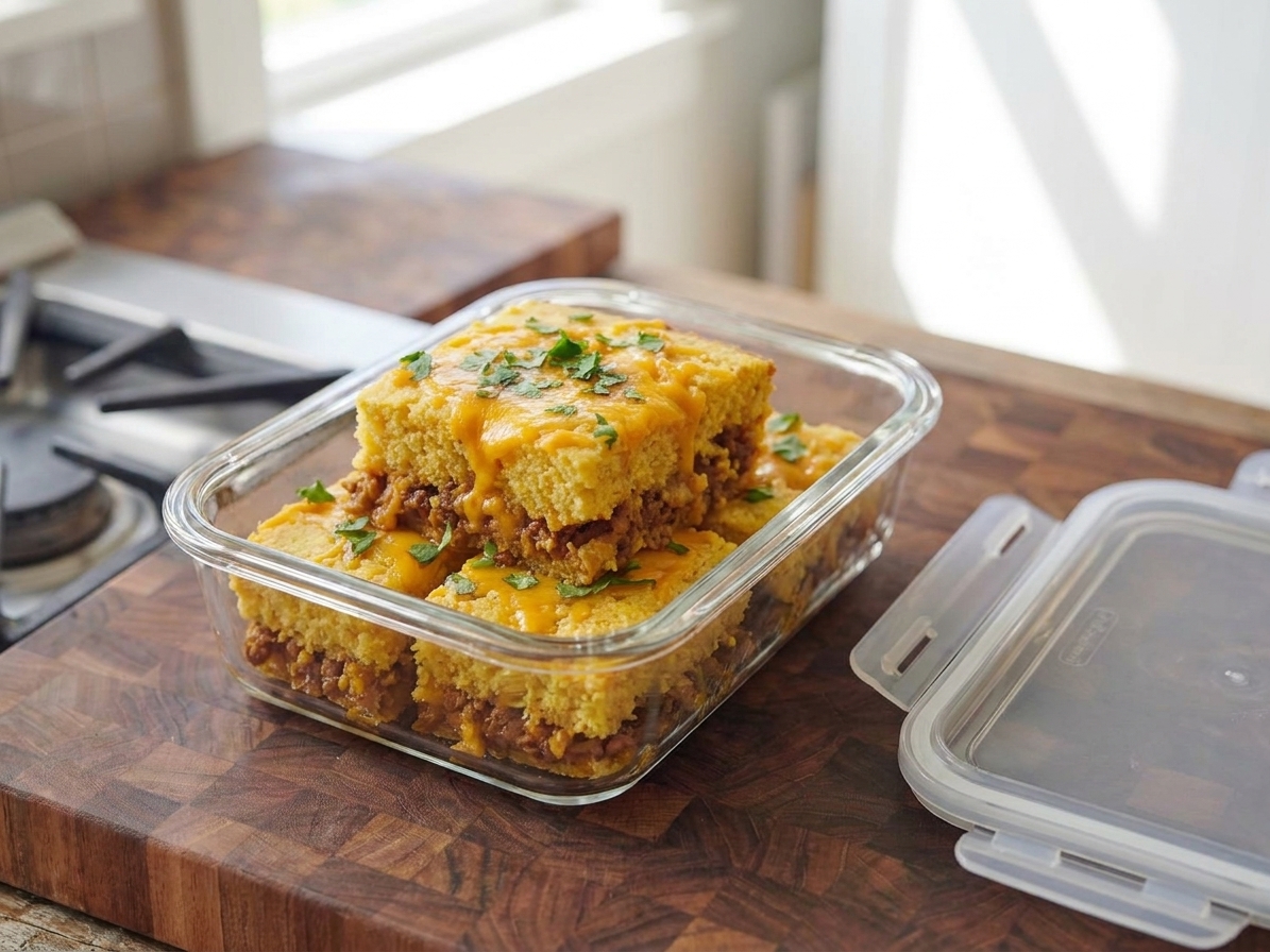 Square portions of tamale pie stored in a clear airtight container on a kitchen counter with a lid set beside it