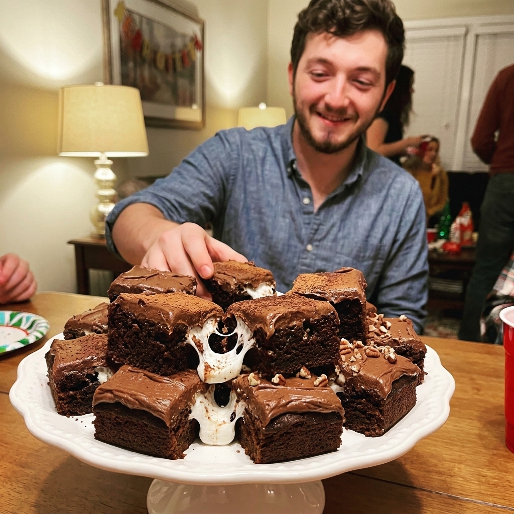 Square slices of Mississippi mud cake with marshmallow pull and chocolate frosting arranged on a serving platter for a party, indoor warm lighting