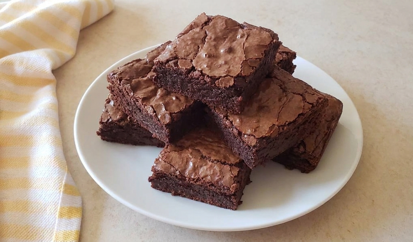 Square slices of fudgy gluten free brownies stacked on a plate