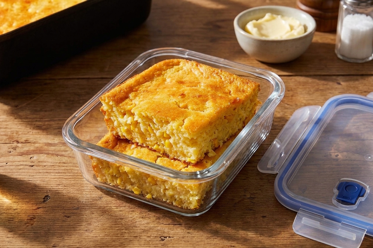 Square slices of leftover corn casserole stacked in a glass meal prep container with a snap-on lid on a kitchen counter