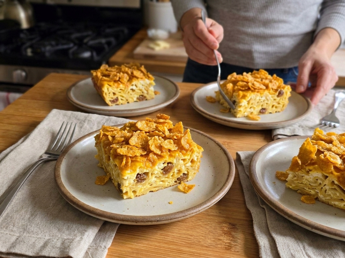 Square slices of sweet noodle kugel with a golden crunchy topping on plates at a simple table setting