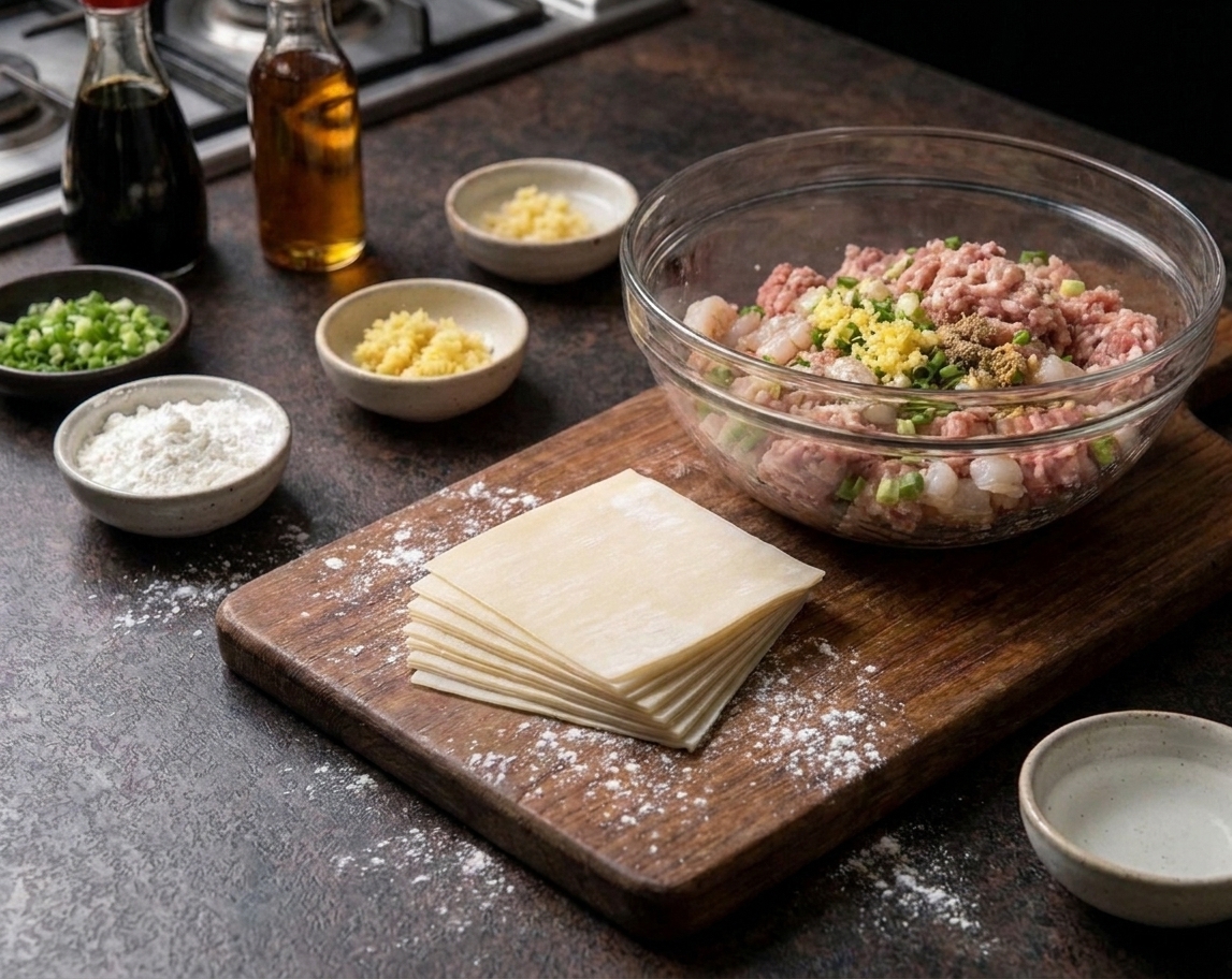 Square wonton wrappers beside a bowl of pork and shrimp filling on a lightly floured counter, ready for assembling shumai