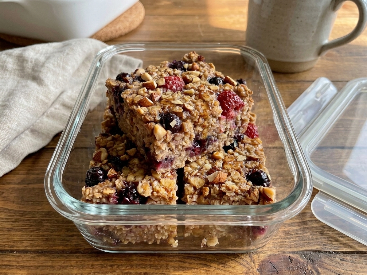 Squares of banana baked oatmeal stacked in a glass meal prep container on a kitchen counter with a lid nearby