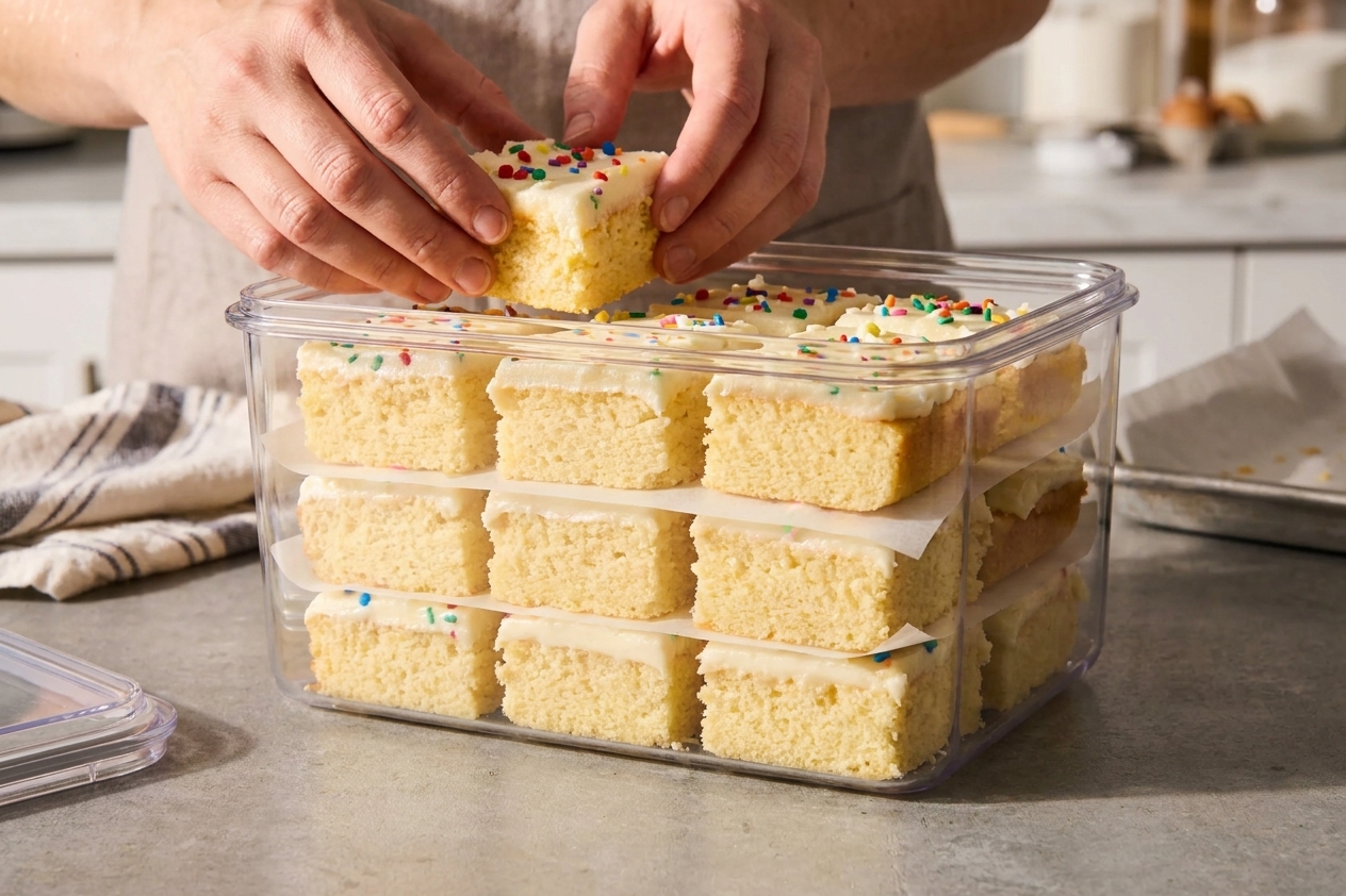Squares of frosted vanilla sheet cake stacked in an airtight container with parchment between layers on a kitchen counter