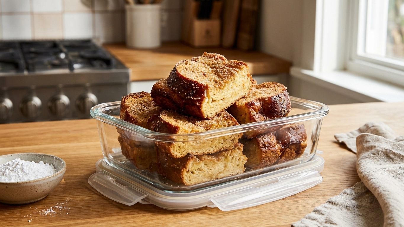 Squares of leftover French toast bake stored in a glass airtight container on a kitchen counter