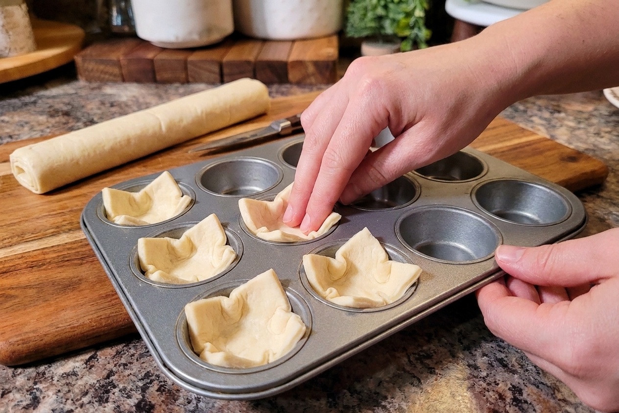Squares of puff pastry pressed into a mini muffin pan to form small pastry cups before baking