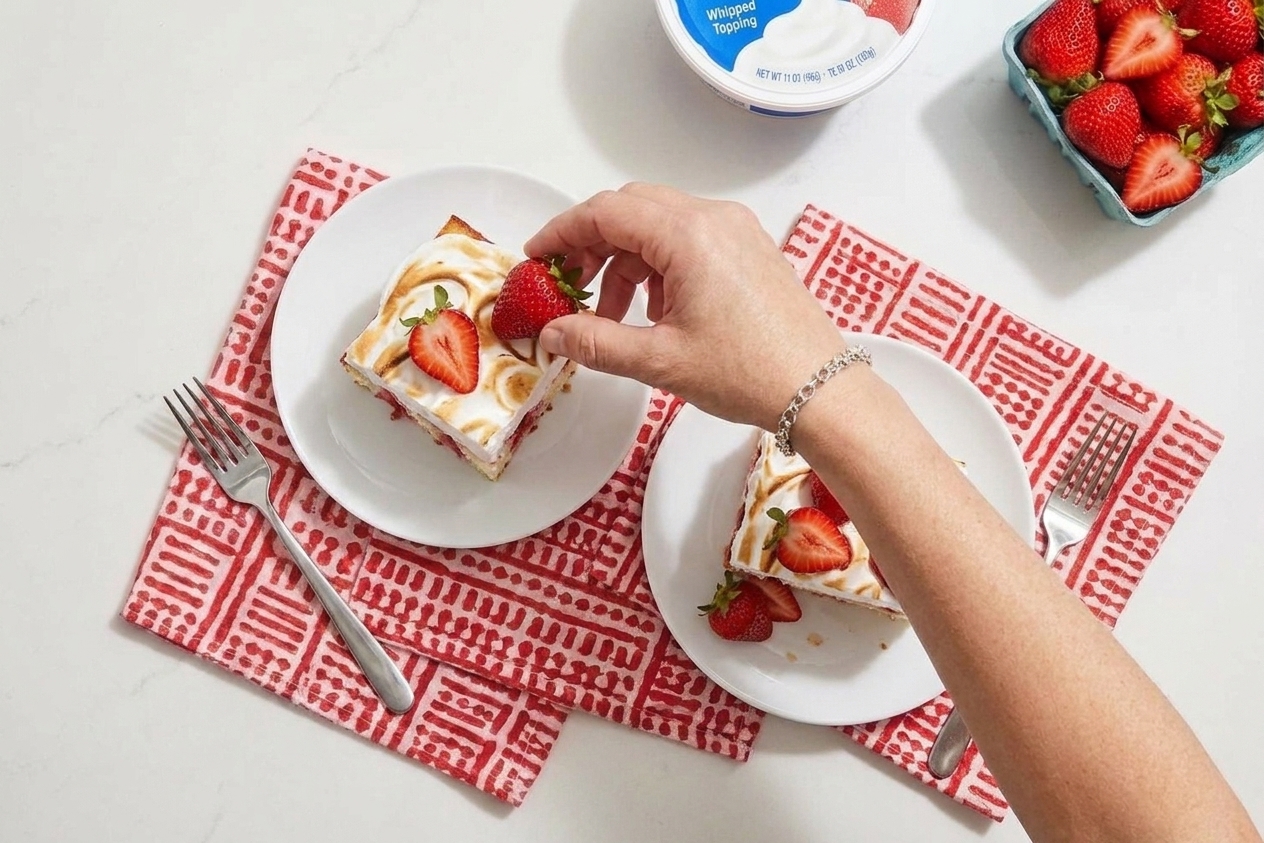 Squares of strawberry poke cake served on small dessert plates with fresh strawberries on top at a simple table setting