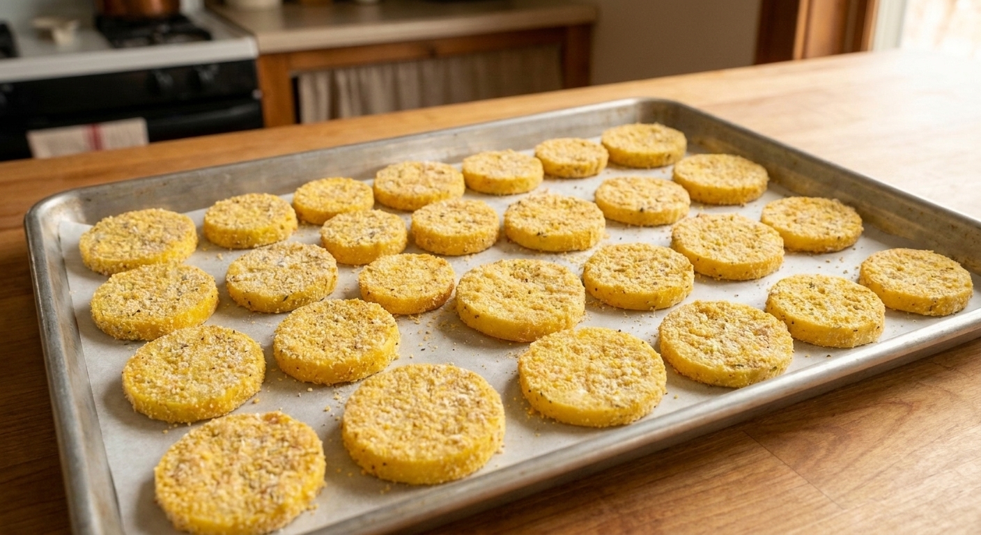 Squash rounds coated in cornmeal breading resting in a single layer on a sheet pan