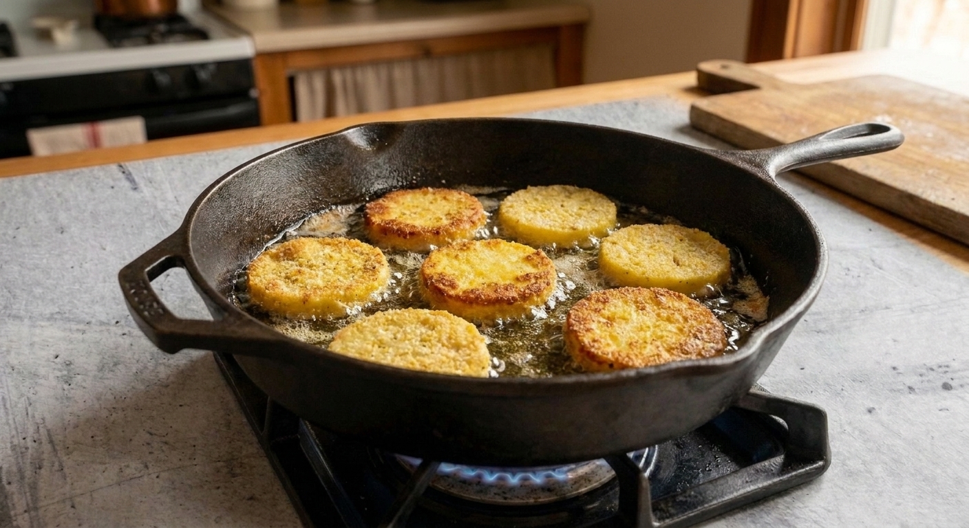 Squash rounds frying in hot oil in a skillet, turning golden brown at the edges