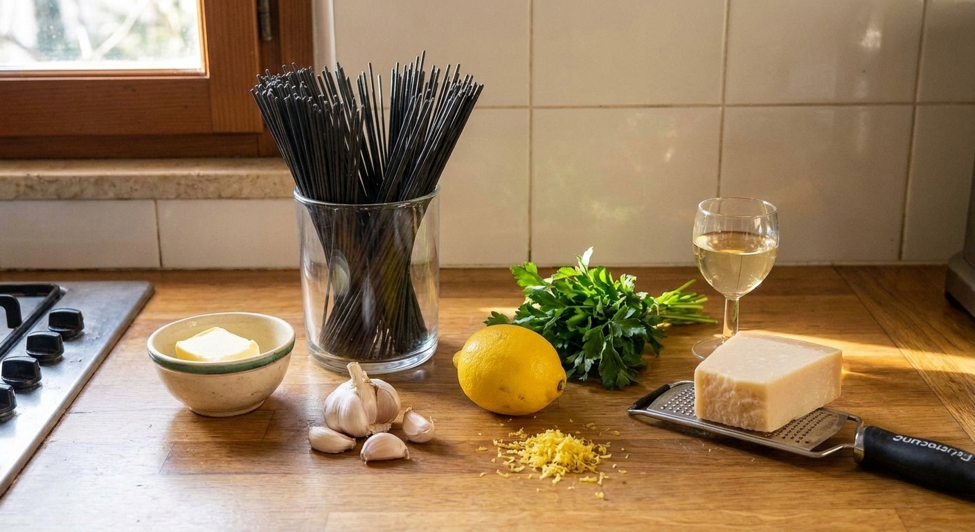 Squid ink pasta, butter, garlic, lemon, parsley, Parmesan, and a small glass of white wine arranged on a kitchen counter