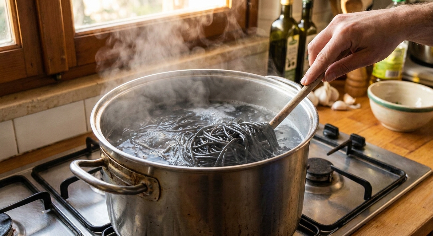 Squid ink spaghetti boiling in a large pot of salted water on a stovetop with steam rising