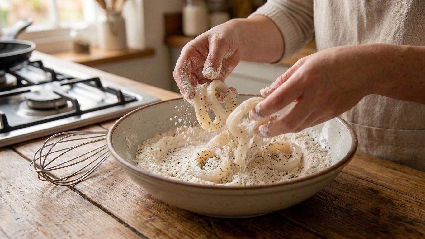 Squid rings being tossed in a bowl of seasoned flour and cornstarch mixture on a kitchen counter