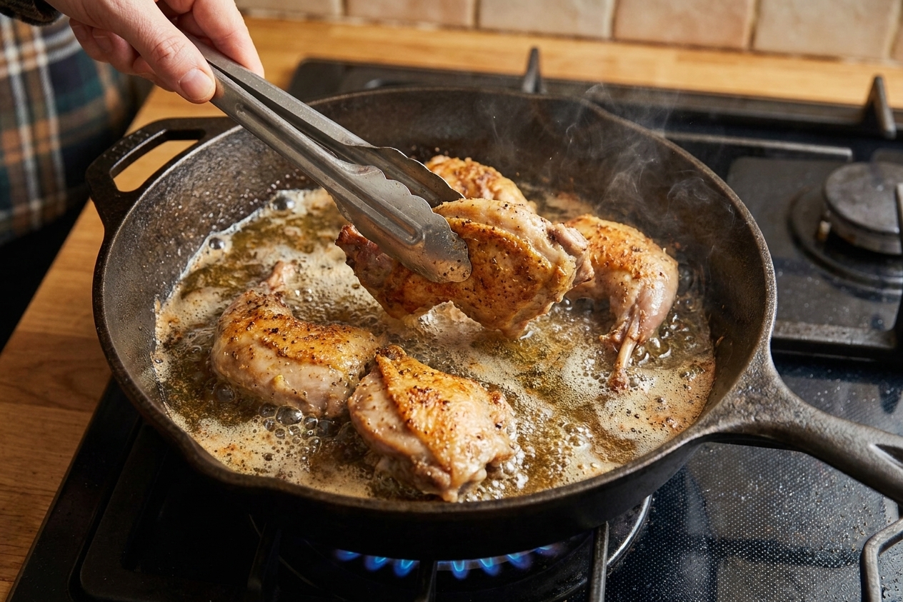 Squirrel pieces frying in bubbling oil in a cast iron skillet on a stovetop