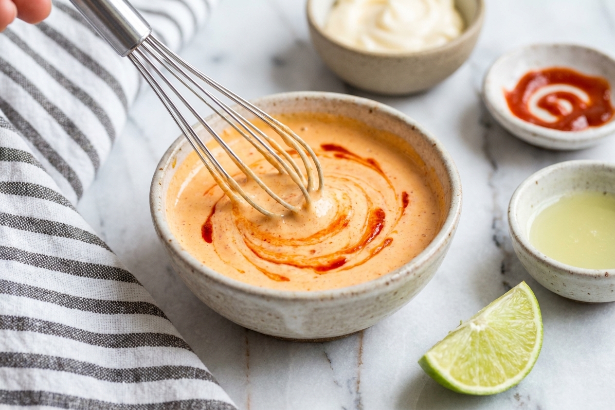 Sriracha mayo being whisked in a small bowl on a bright kitchen counter, with a whisk and small ingredient bowls nearby