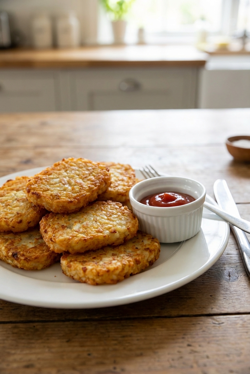 Stack of crispy hash browns on a plate with a small bowl of ketchup