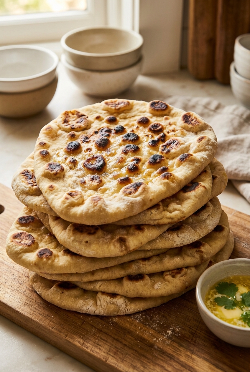 Stack of naan bread with charred bubbles