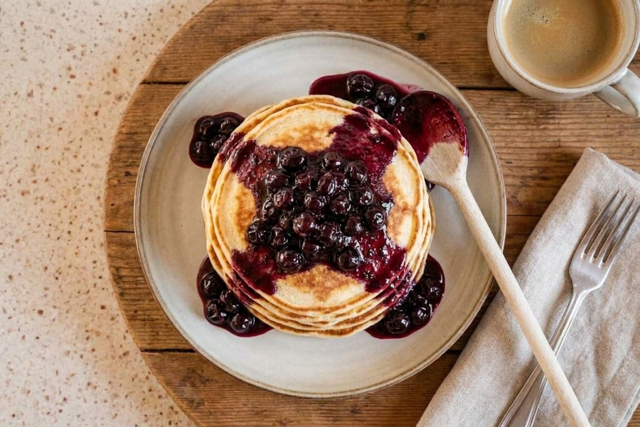 Stack of pancakes on a plate topped with warm blueberry compote, set on a dining table
