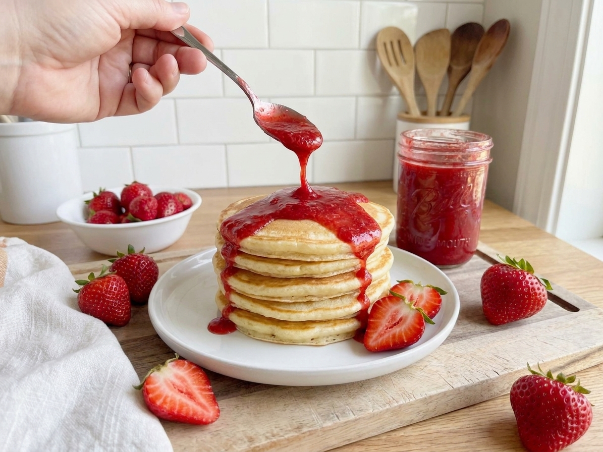Stack of pancakes on a white plate with homemade strawberry syrup being drizzled over the top at a kitchen table