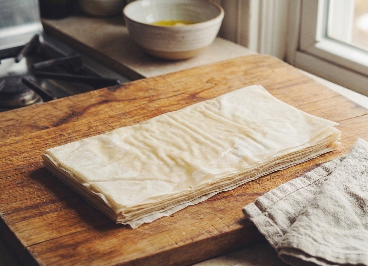 Stack of thawed phyllo dough sheets on a cutting board with a clean kitchen towel nearby on a bright kitchen counter