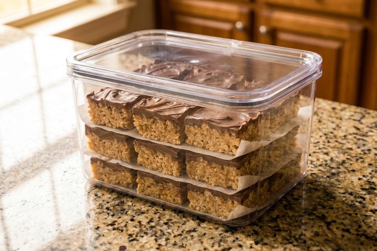 Stacked Special K bar squares separated by parchment paper inside a clear airtight container on a kitchen counter
